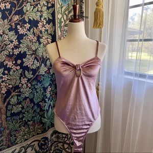New Rosy Pink Mauve Velvet Bodysuit, Bow Front